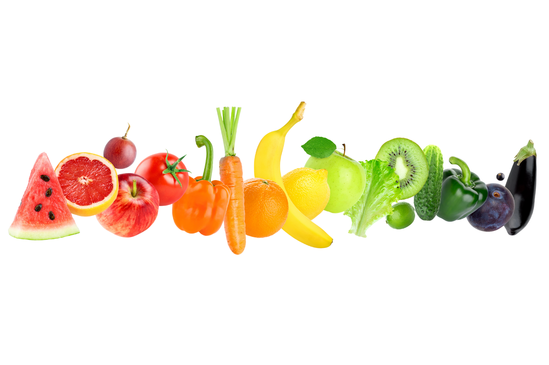 Colorful row of assorted fruits and vegetables, including watermelon, citrus, bananas, kiwi, grapes, and eggplant