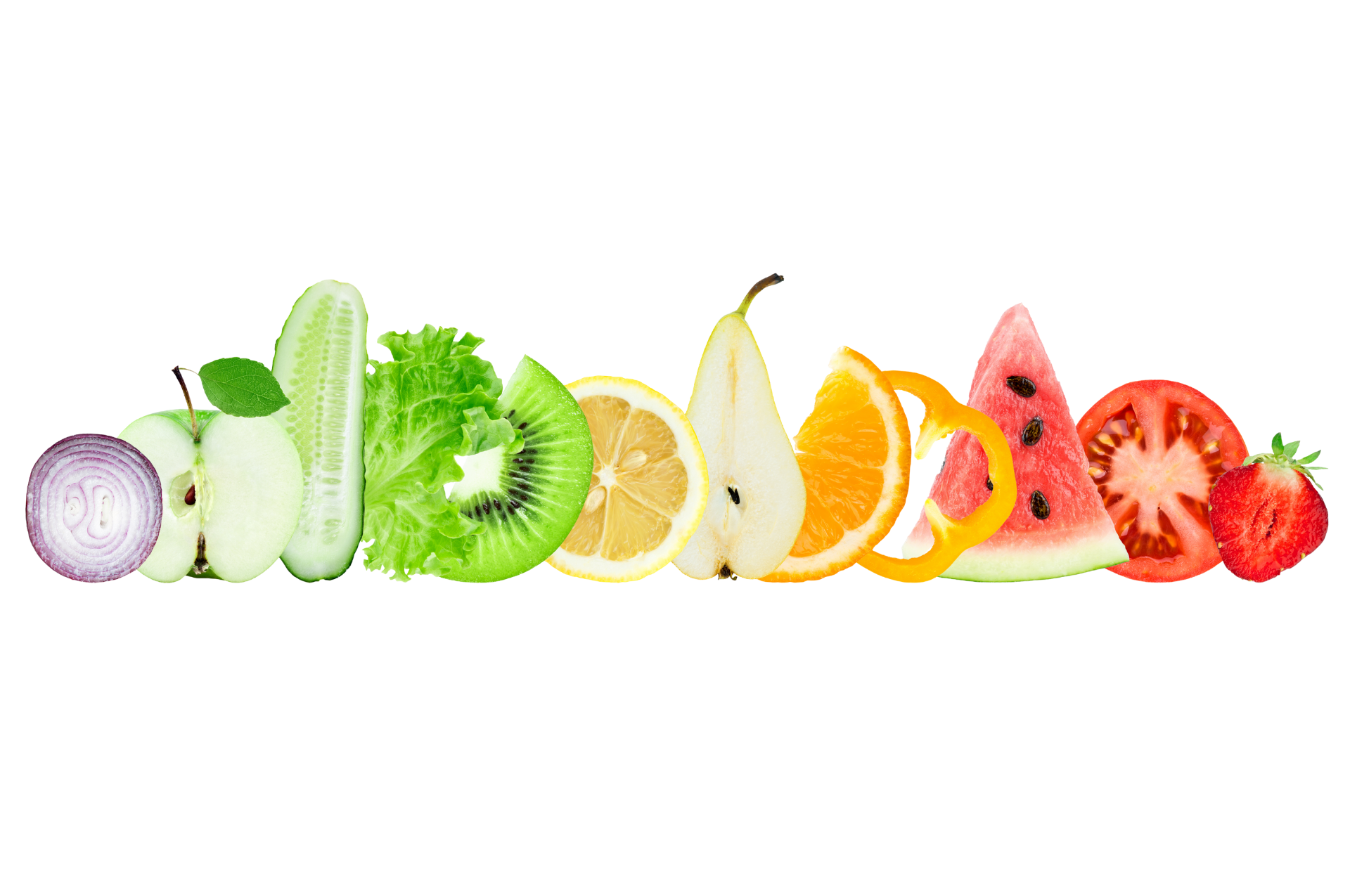 Assorted fresh fruits and vegetables arranged in a colorful row on a white background