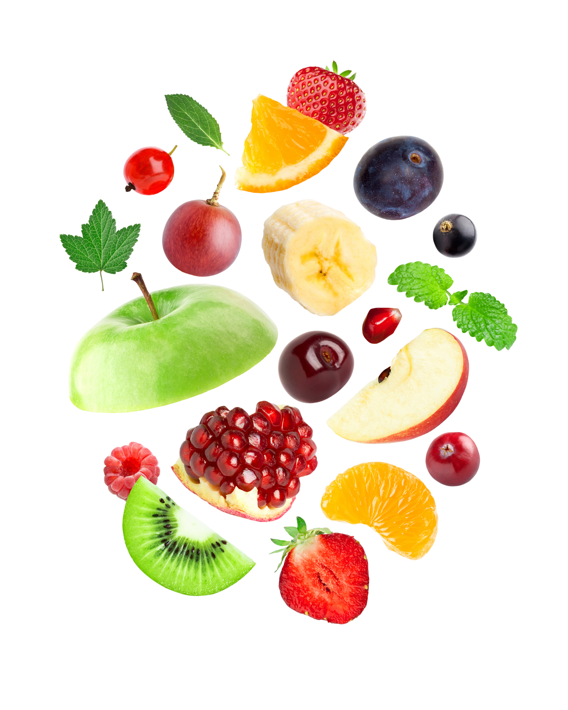 Assorted colorful fresh fruits arranged in a circular pattern on a white background.