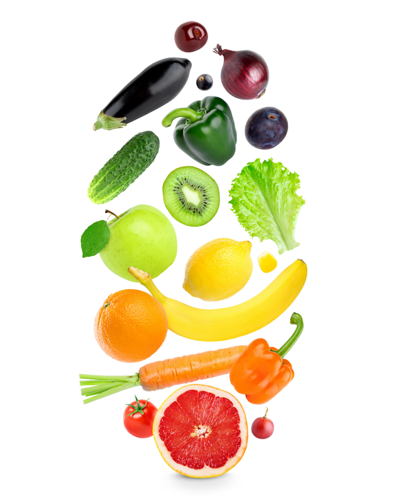 Our Produce Range Assorted fruits and vegetables arranged in a colorful vertical composition on a white background