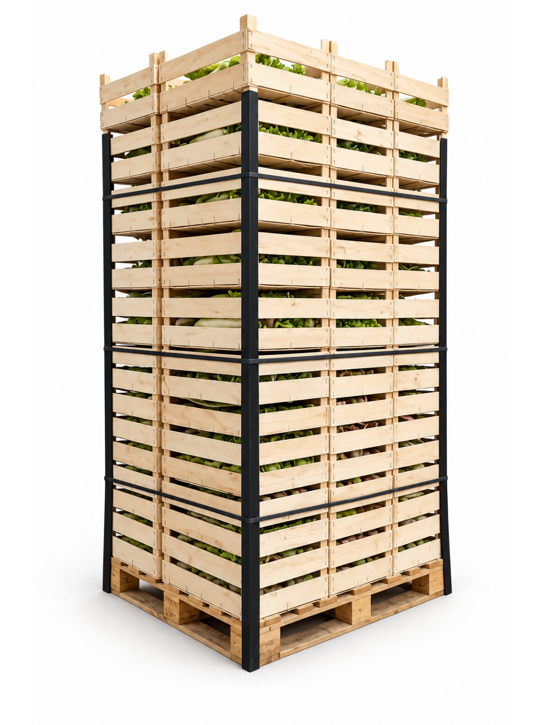 Full pallet of fresh white Mooli radish in wholesale cases