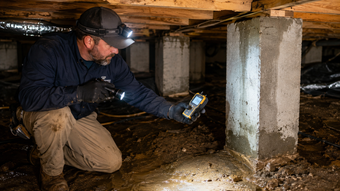 Contractor kneeling in a crawl space inspecting moisture conditions with a flashlight and moisture meter