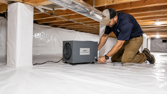 Professional installing a realistic crawl space dehumidifier inside a fully encapsulated crawl space