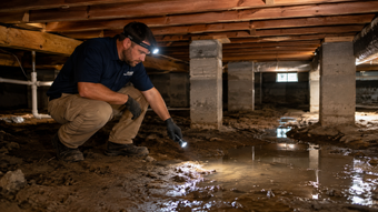 Worker inspecting standing water and damp soil inside a residential crawl space