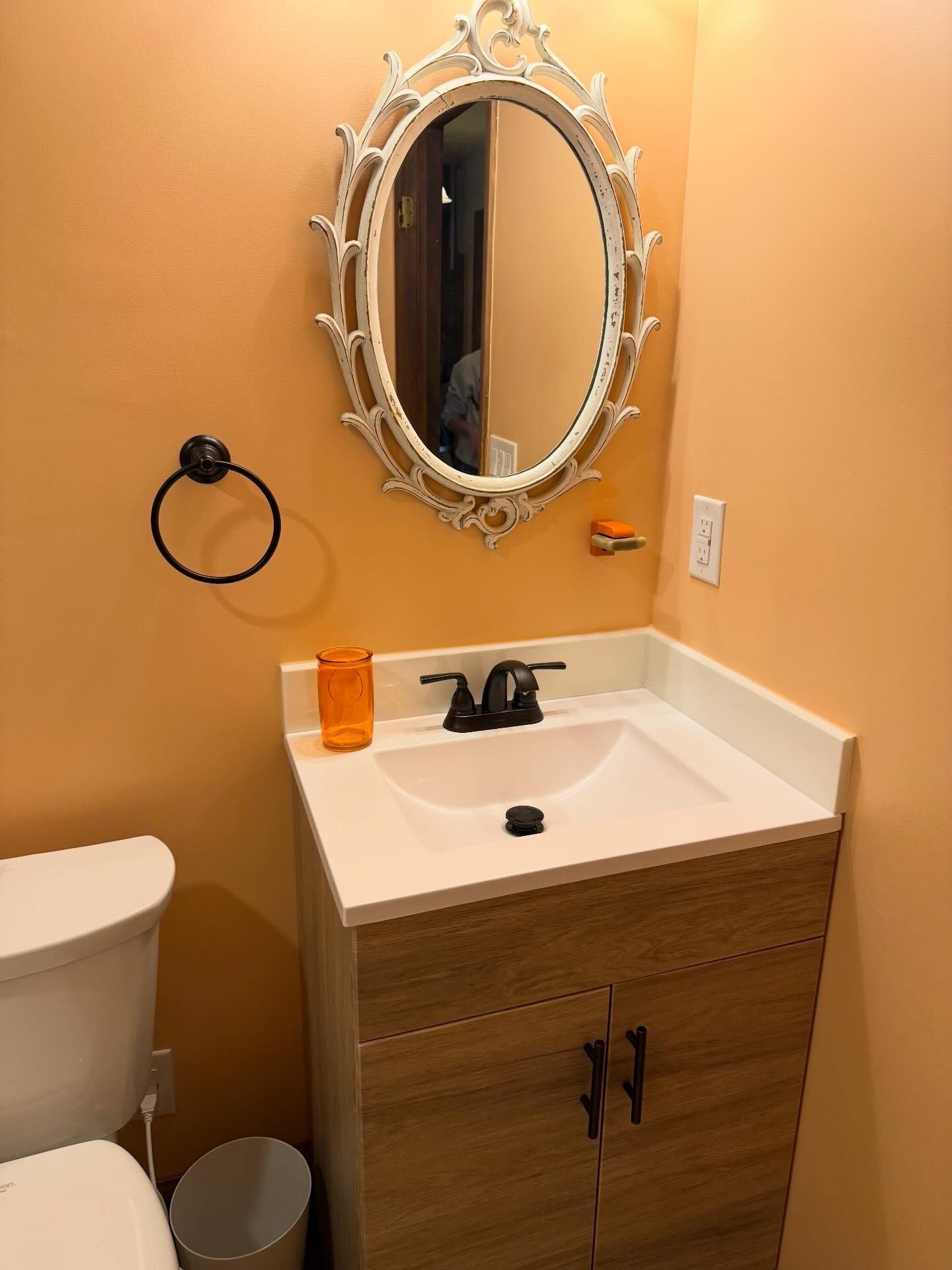 Small bathroom vanity with oval mirror, white sink, orange walls, and a toilet partially visible. Small bathroom vanity with oval mirror, white sink, orange walls, and a toilet partially visible.