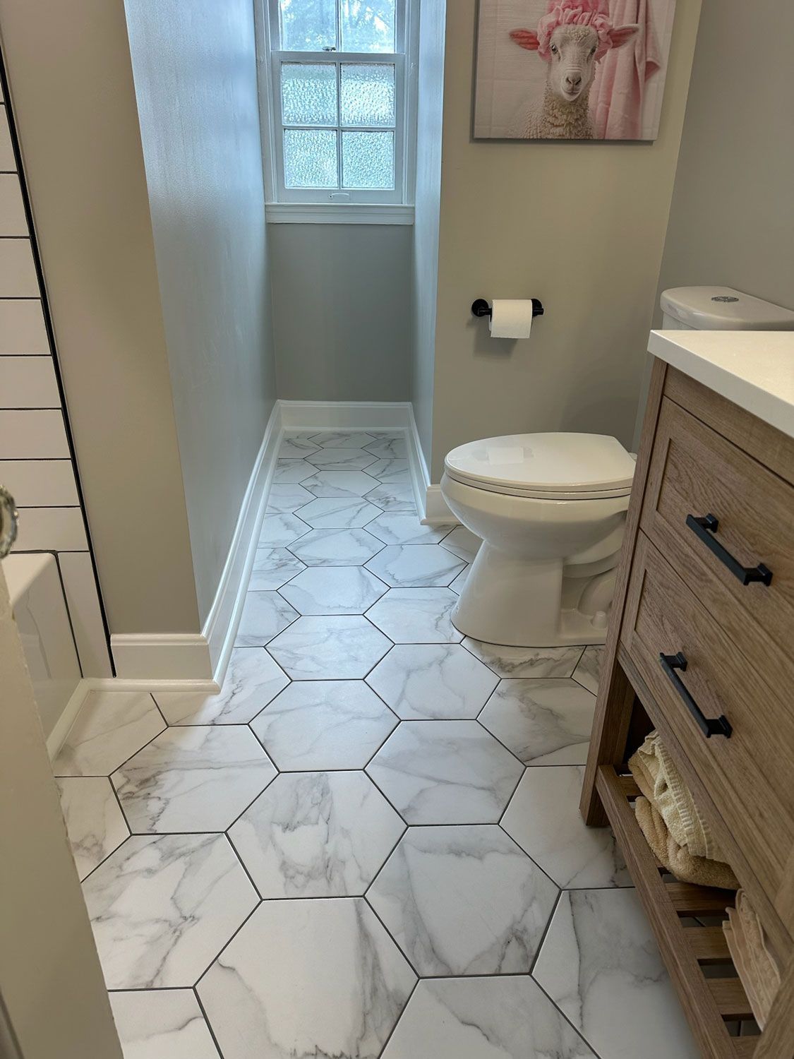 Narrow bathroom with white hex tile floor, toilet, vanity, window, and floral wall art. Narrow bathroom with white hex tile floor, toilet, vanity, window, and floral wall art.