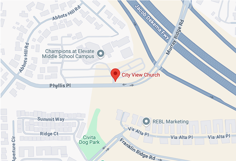 Map showing the location of City View Church, near Champions at Elevate Middle School Campus and Civra Dog Park.