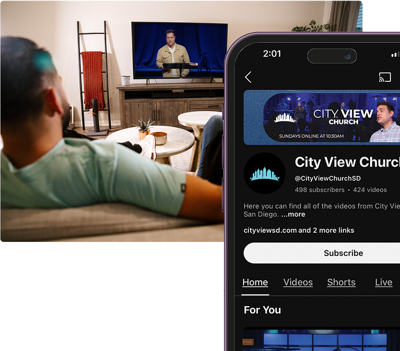 Man watching live church service on TV, while viewing church's YouTube channel on a phone.