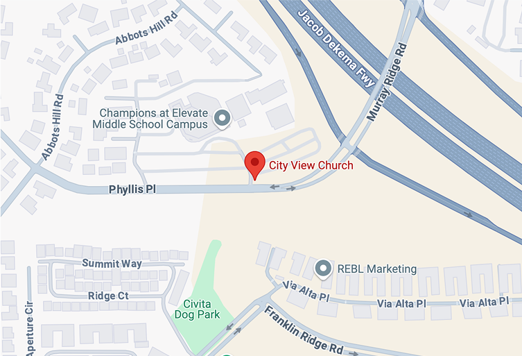 Map showing Sky View Church's location, marked by a red pin, near a middle school campus and a freeway.