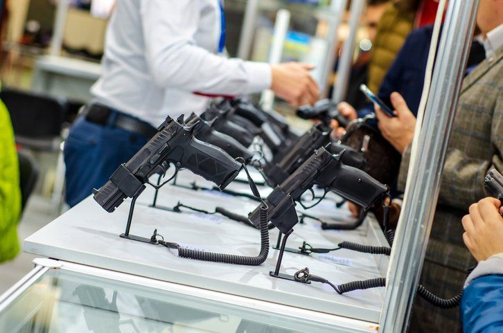 Gun Display Stands. Pistols for sale in the store