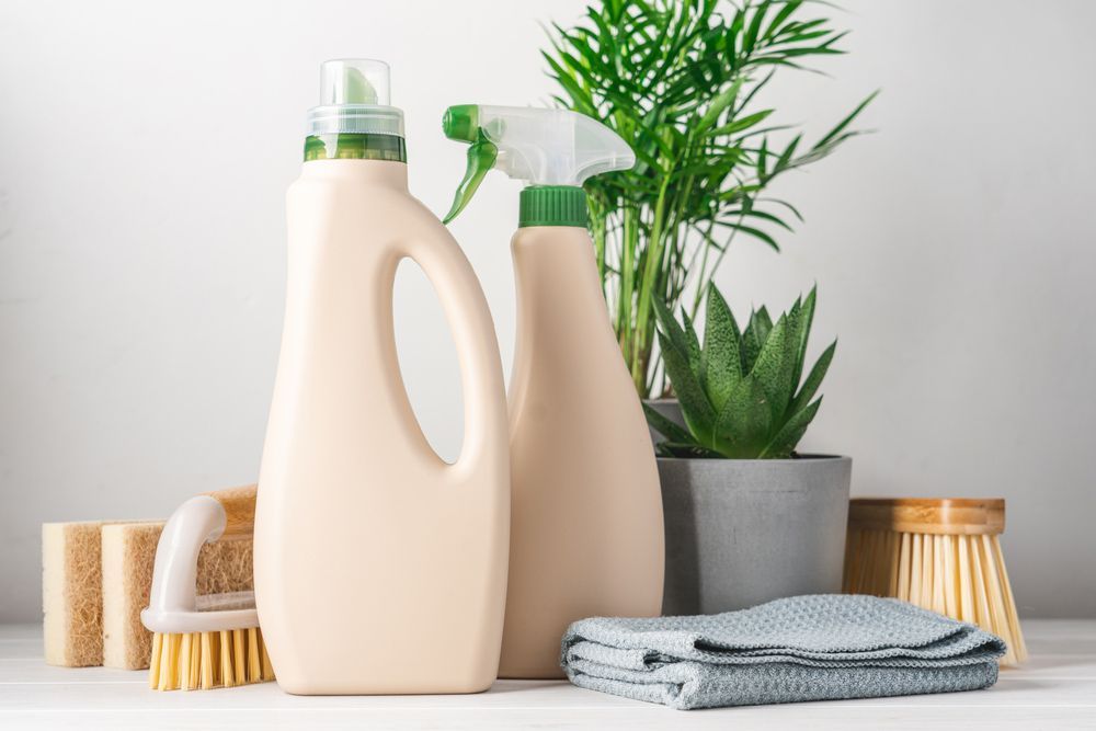 A table topped with cleaning supplies and a plant.