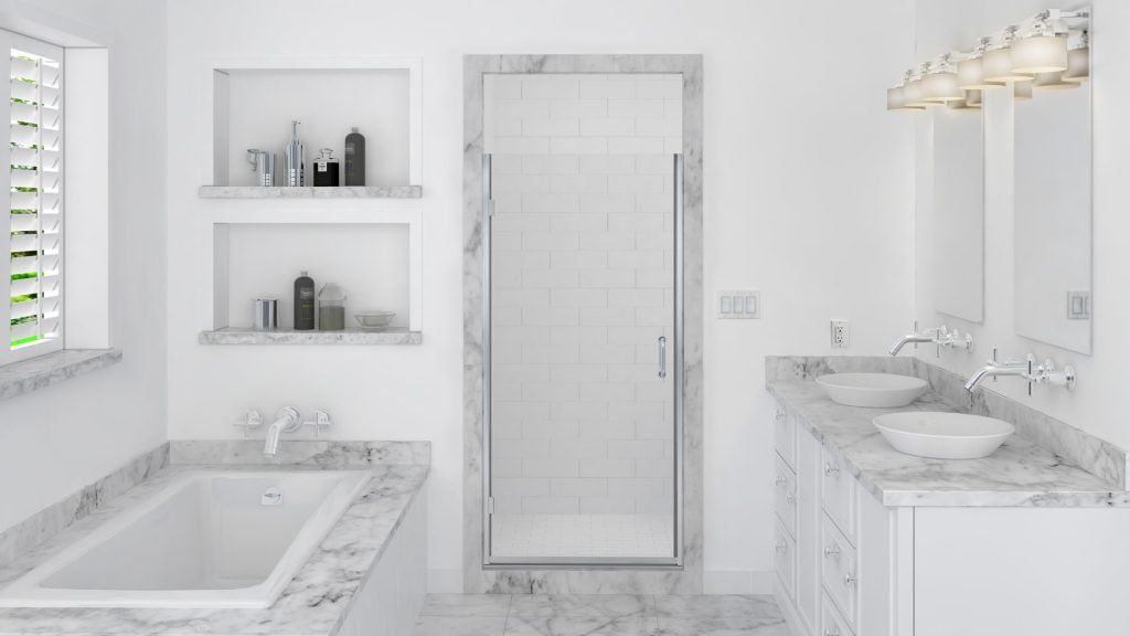bathroom with a brand new shower glass door from Sun Glass