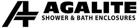 the logo for agalite shower and bath enclosures is black and white .
