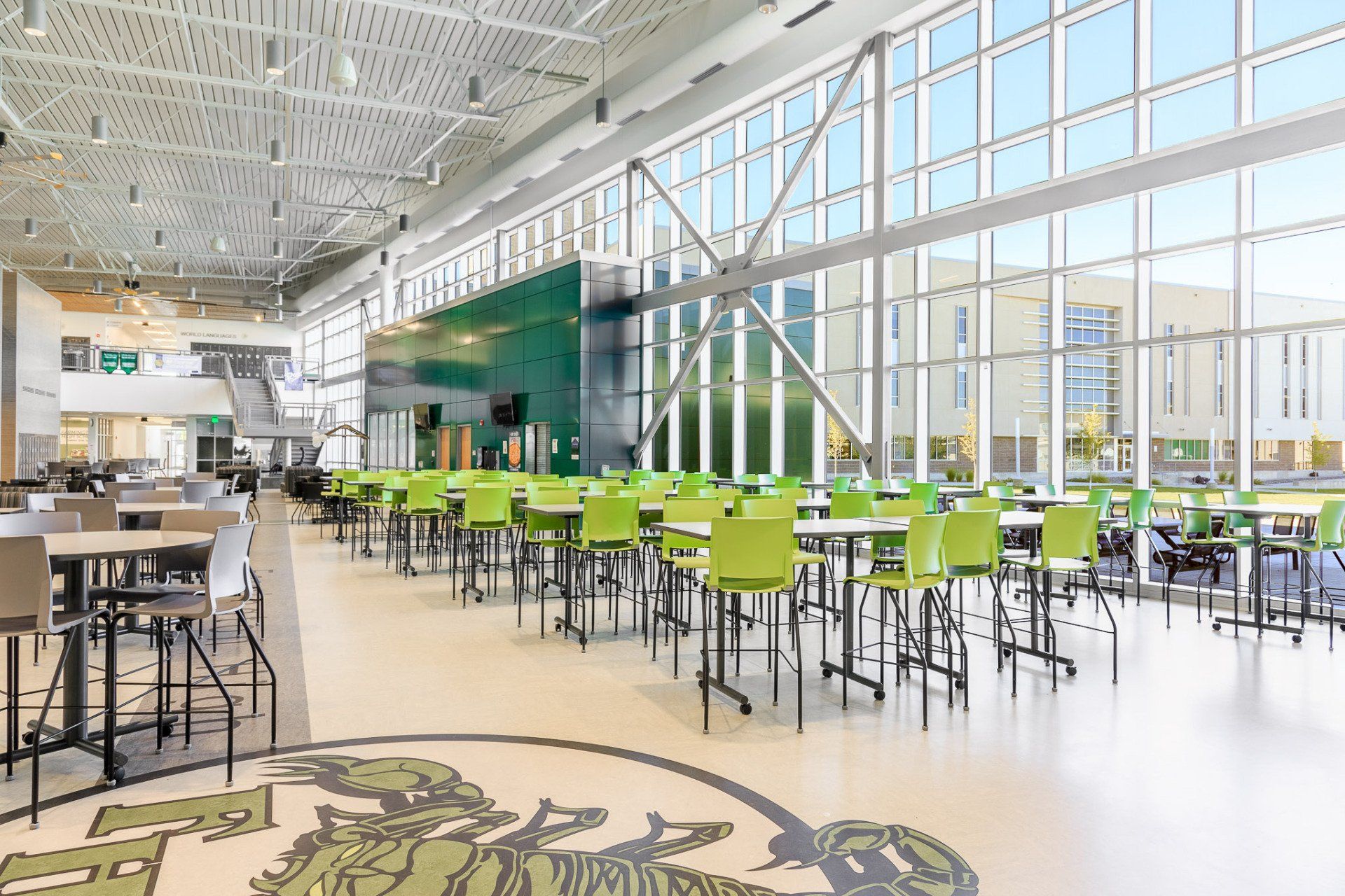 school cafeteria with tall windows installed by Sun Glass