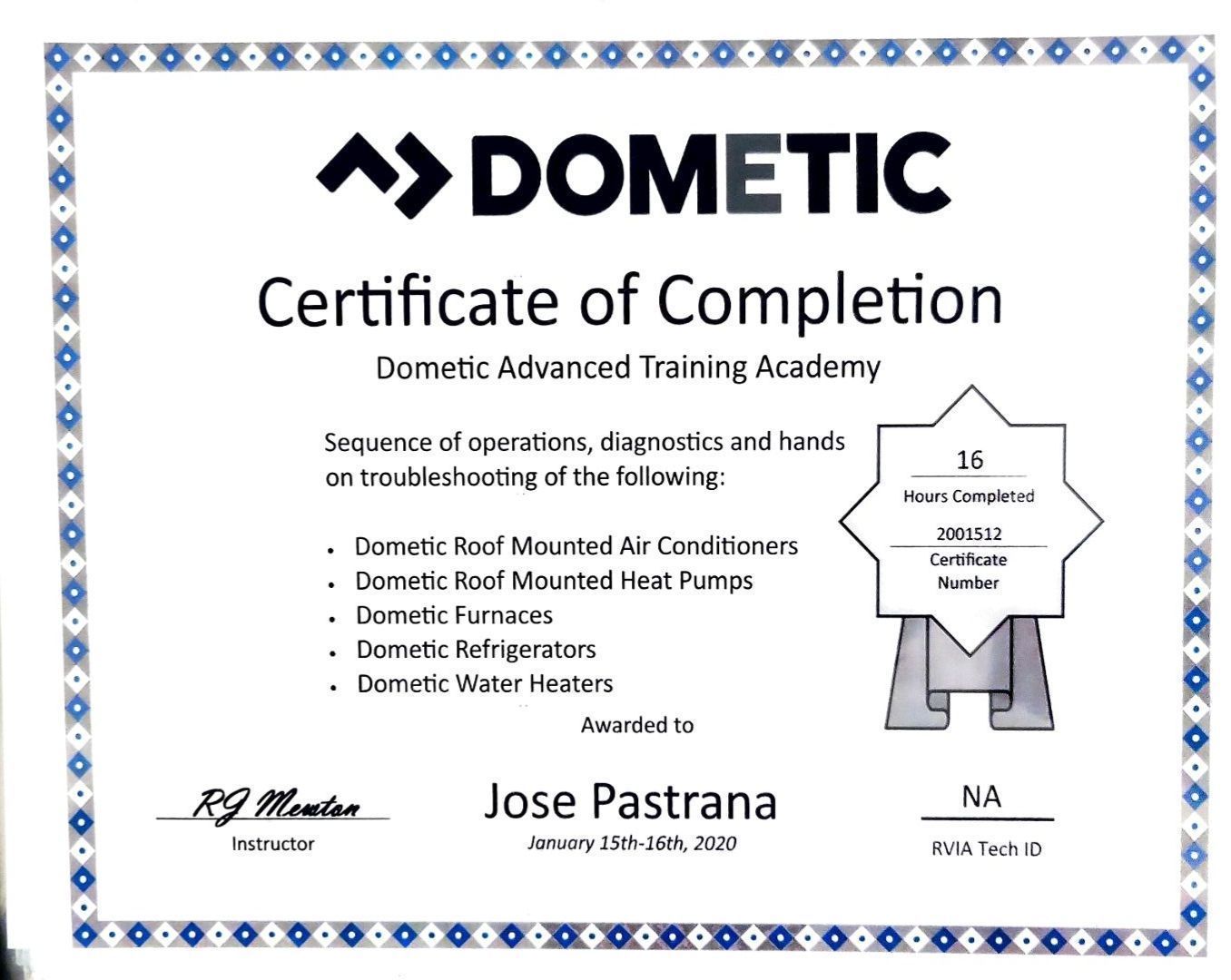 A certificate of completion from dometic advanced training academy