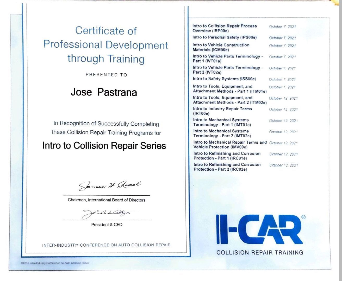 A certificate of professional development through training from i-car