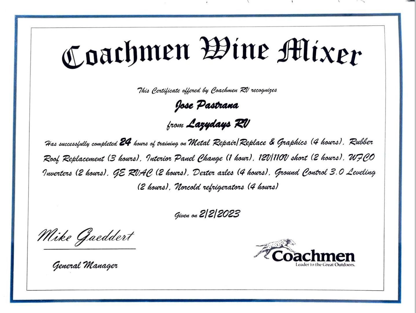 A certificate that says coachmen wine mixer on it