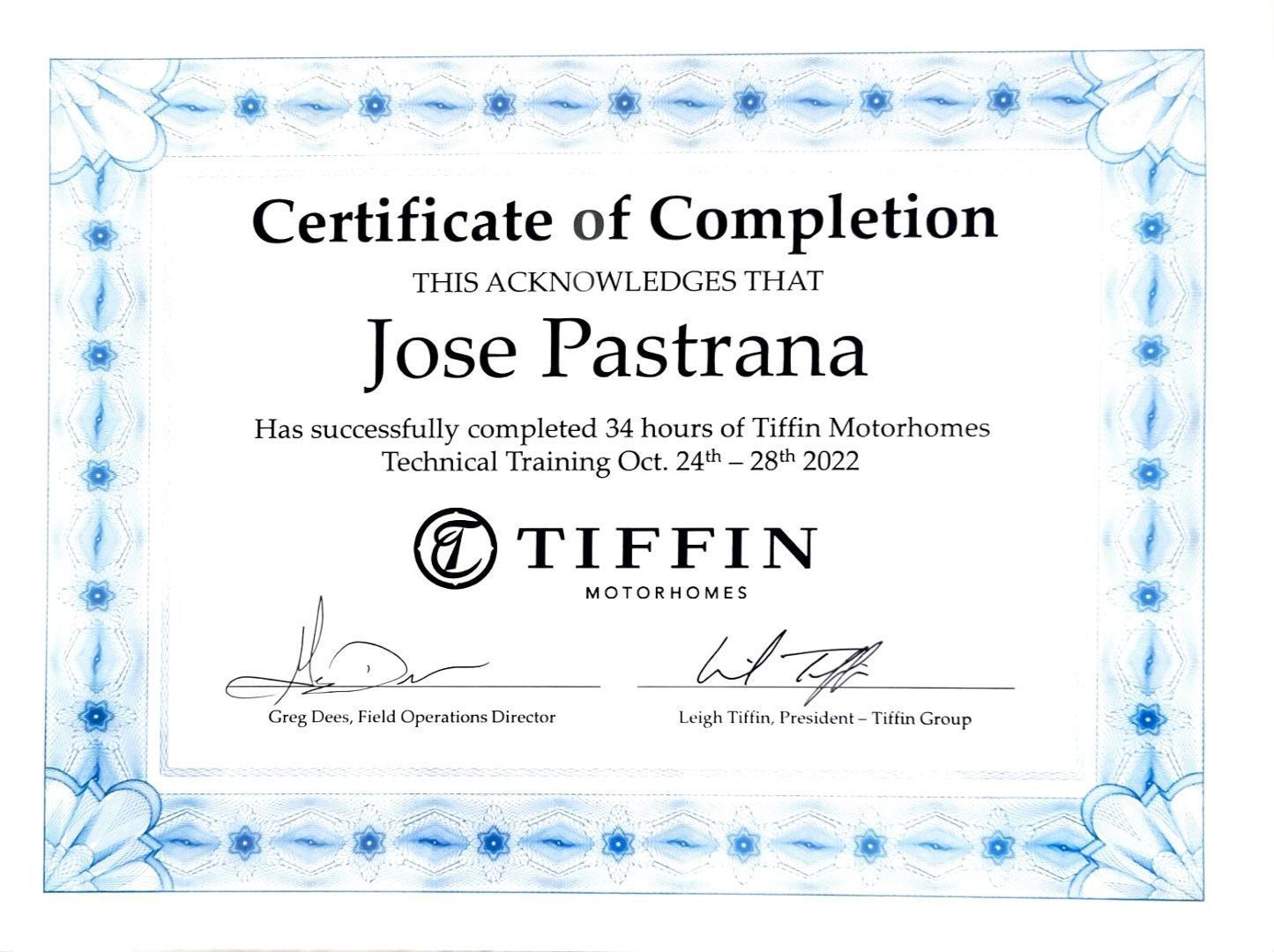 A certificate of completion for jose pastrana from tiffin