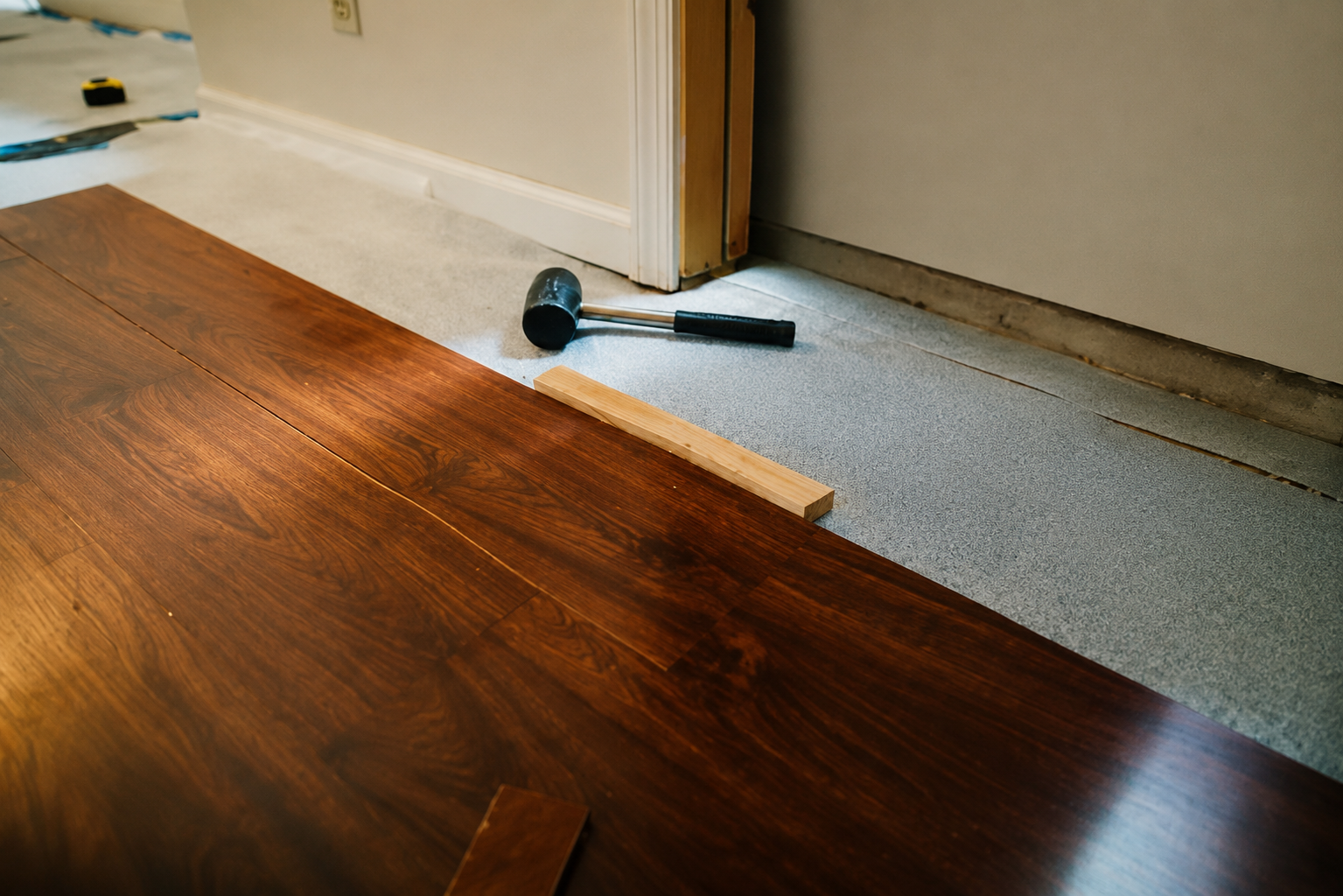 Person installing hardwood flooring with a power tool in a room