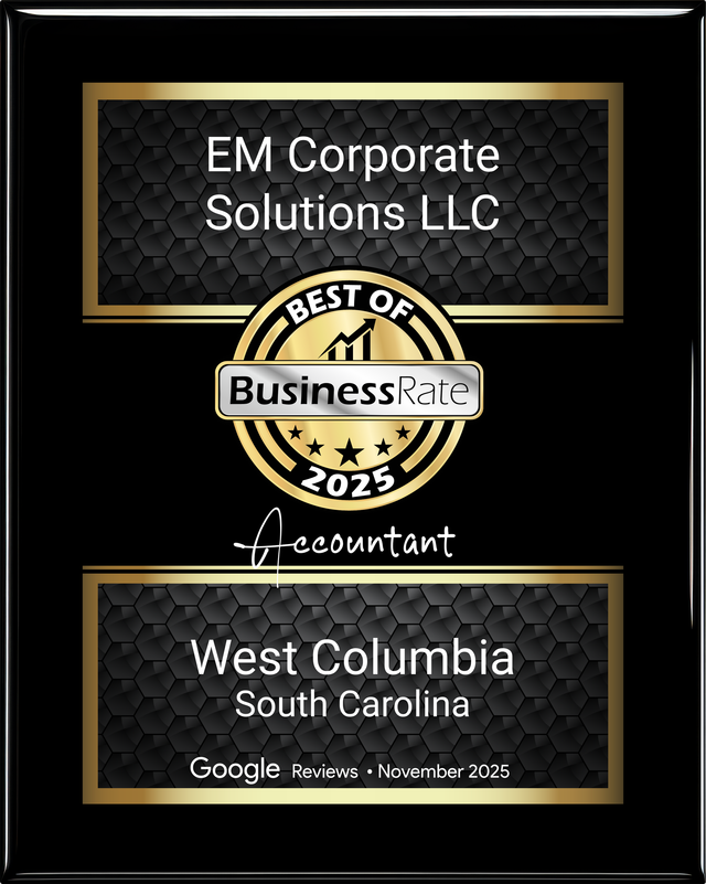 EM Corporate Solutions LLC and West Columbia, South Carolina, with 2025 Best of Business and Accountant badges