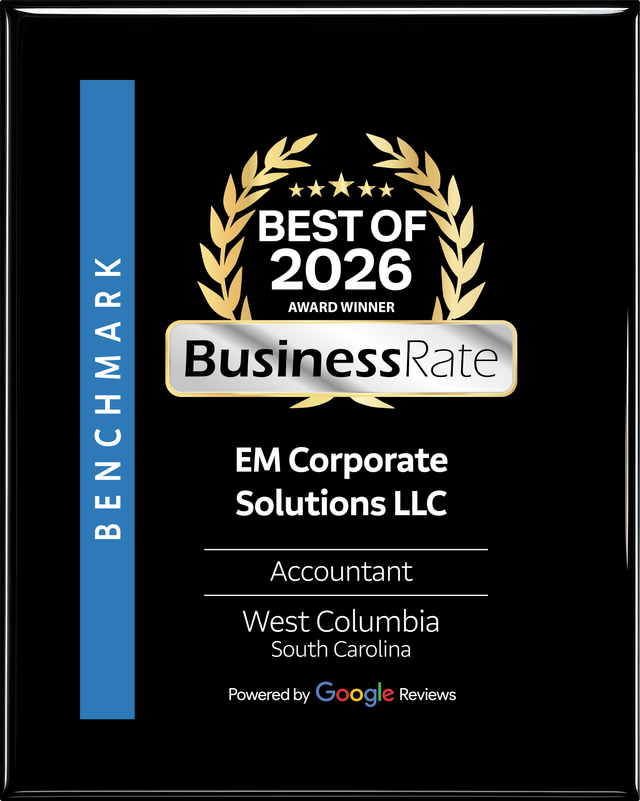 Black award plaque with gold laurel, reading “Best of 2026” and “BusinessRate” for EM Corporate Solutions LLC.