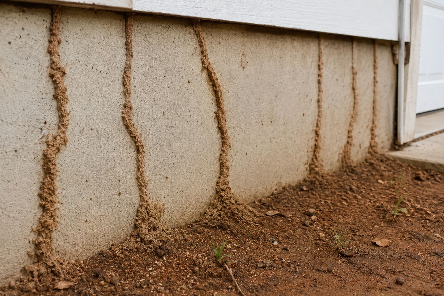 Cracked foundation wall with vertical brown stains and soil piled against the house exterior