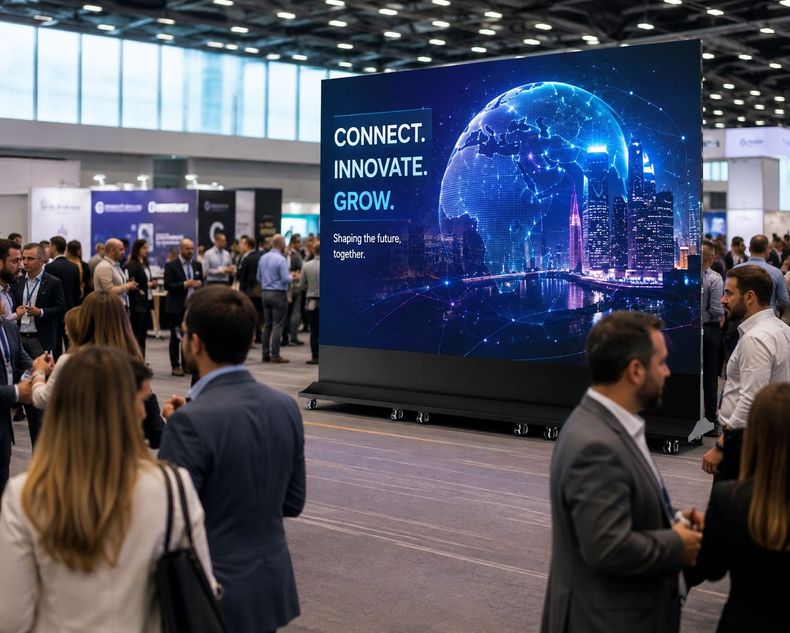 Crowded trade show with a large digital display reading “CONNECT. INNOVATE. GROW.”