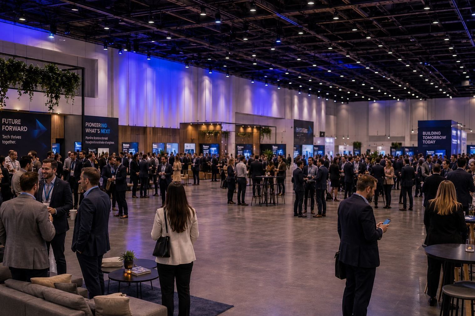 Crowded conference hall with people mingling under blue lights