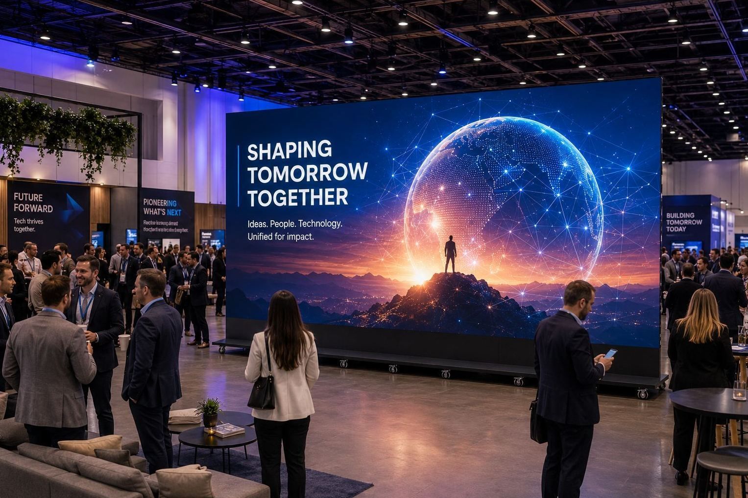 Conference hall with a large digital display reading “SHAPING TOMORROW TOGETHER” above a glowing futuristic scene.