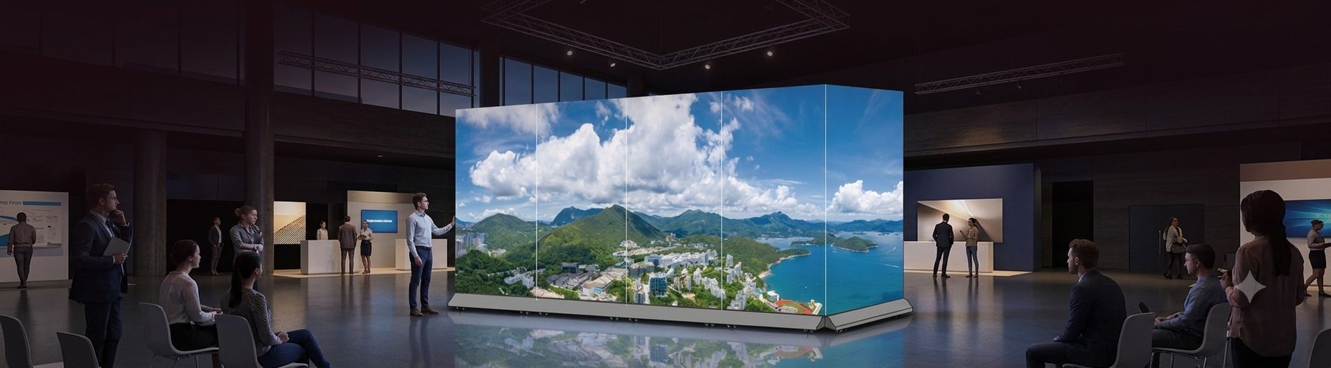 Large indoor display showing a tropical island coastline in a dark exhibition hall, with people walking around