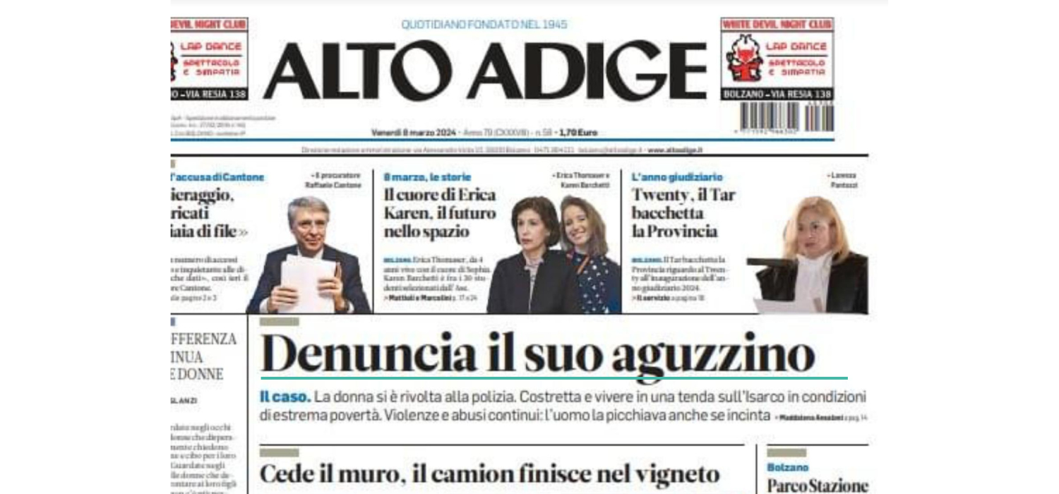 Prima pagina del quotidiano Alto Adige del 8 marzo 2024