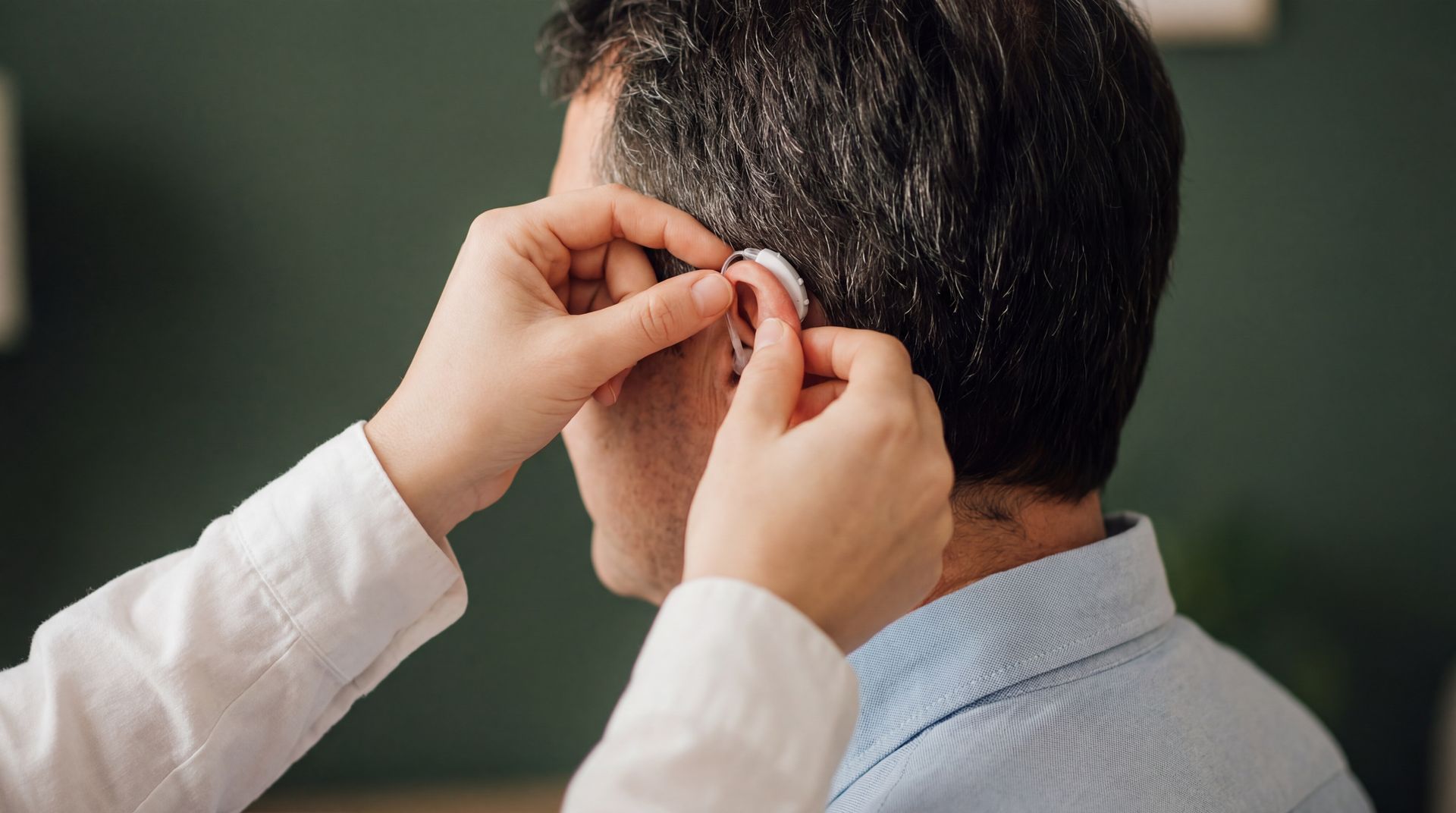 Close-up of hands fitting a behind-the-ear device on a man's ear during a hearing aid consultation.