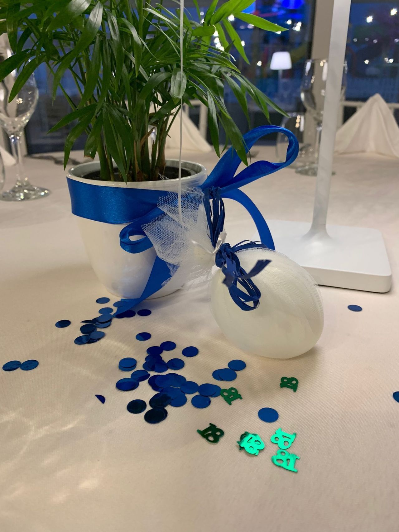 Una pianta in un vaso con un nastro blu sopra