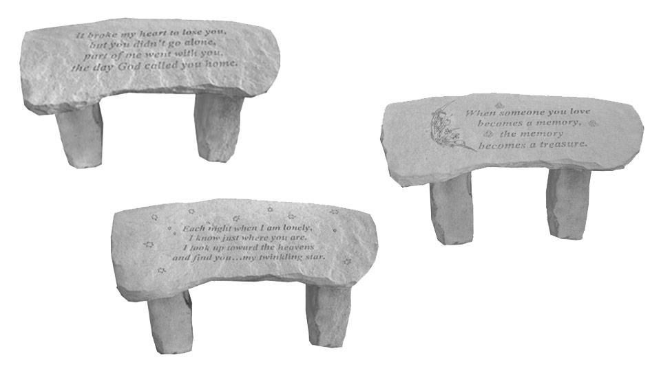 Three gray stone benches with engraved writing, arranged on a white background.