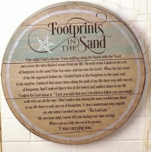 Round beige wall plaque with “Footprints in the Sand” poem and starfish design