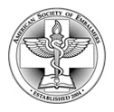 American Society of Embalmers logo with cross, wings, staff, book, and torch. Text: