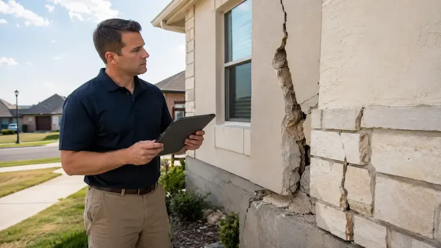 Forensic engineer inspecting structural damage and exposed rebar at a collapsed construction site while documenting findings on a tablet.