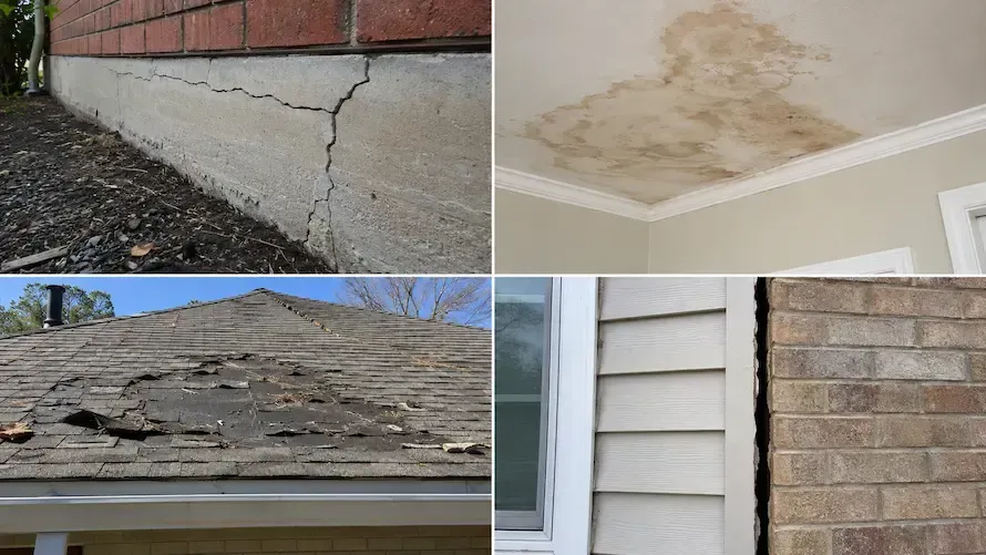Forensic engineer documenting storm-related structural damage at a residential property while reviewing evidence for an insurance claim investigation.