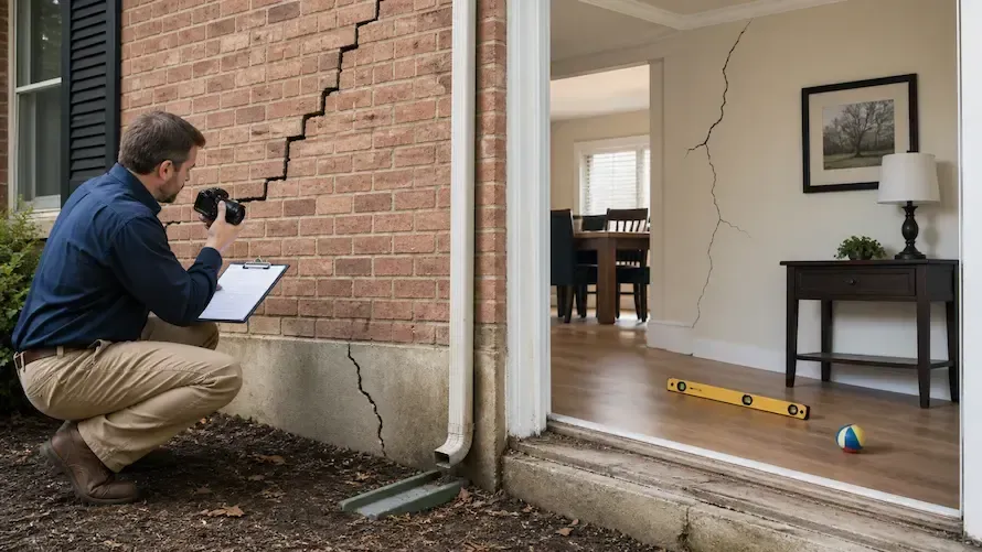 Forensic engineer documenting storm-related structural damage at a residential property while reviewing evidence for an insurance claim investigation.