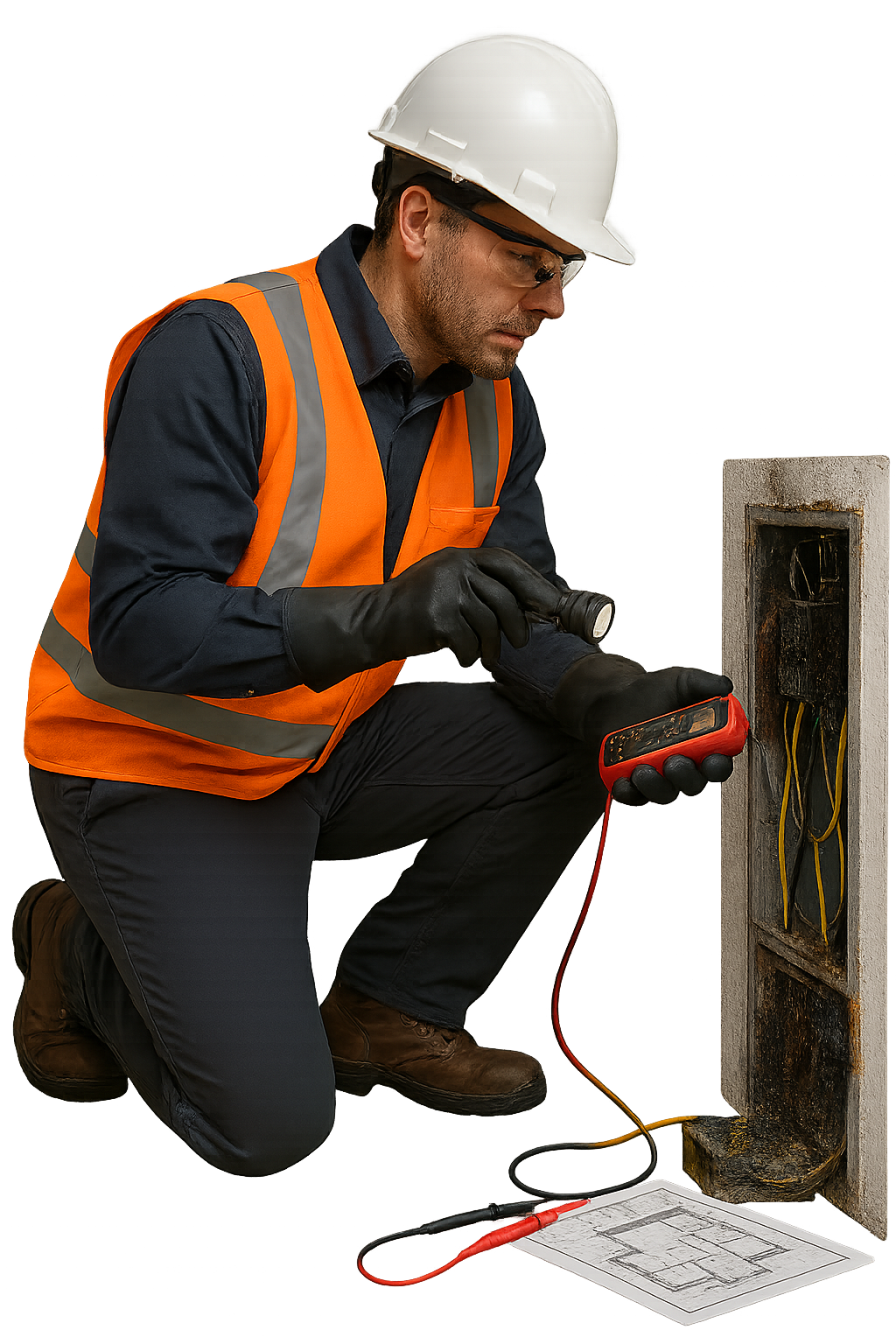 Electrical engineer inspecting a damaged electrical system with testing equipment