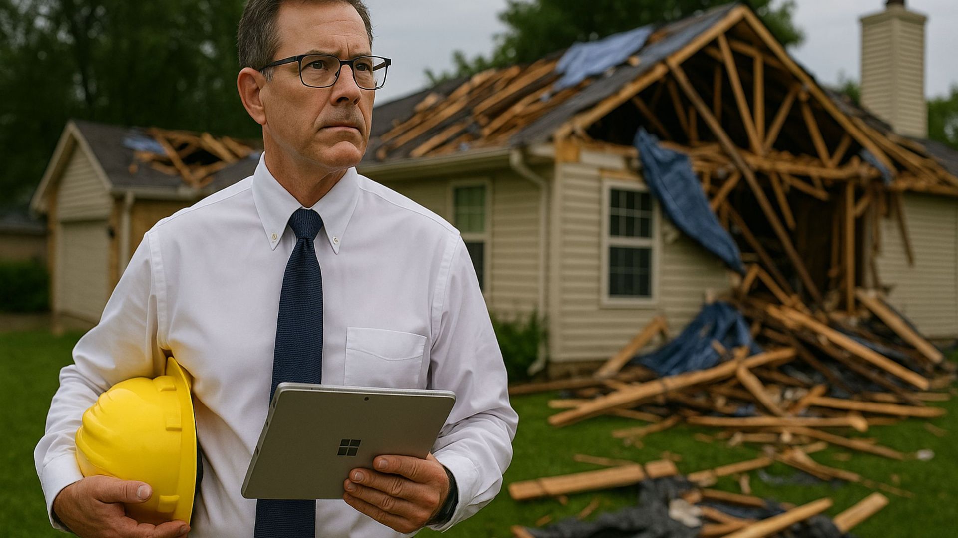 Forensic engineer inspecting storm damage using professional surveying equipment during a post-disaster structural assessment.