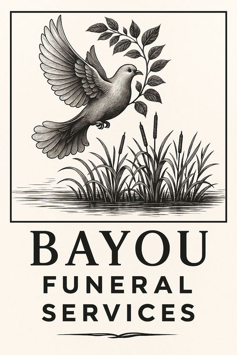 Bayou Funeral Services logo with a flying bird, foliage, and grass in a framed illustration
