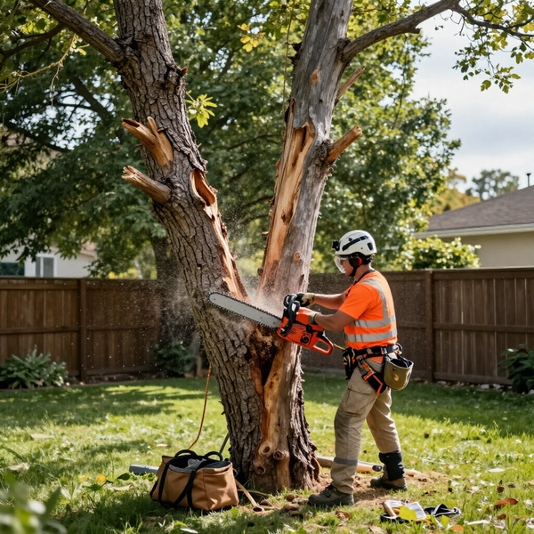 Professional tree removal service in progress in a Lutz, FL backyard