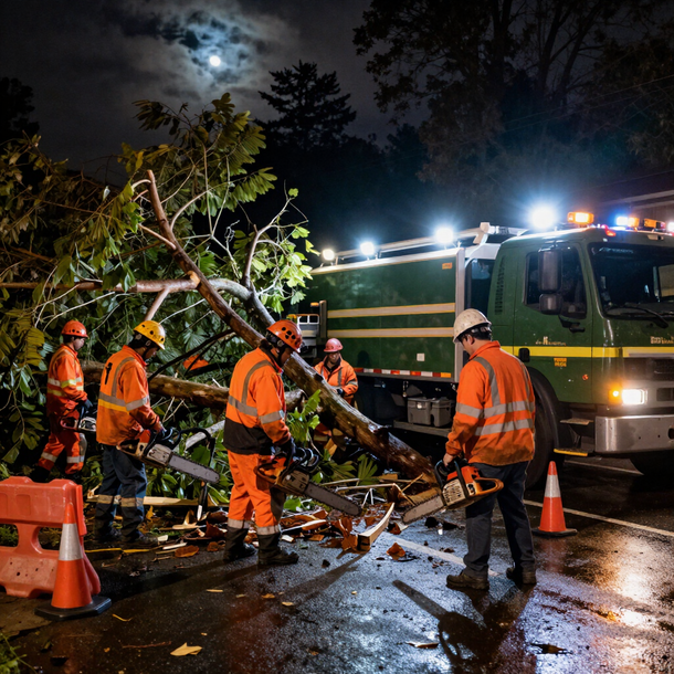 24/7 emergency tree service crew responding to a call in Lutz, FL
