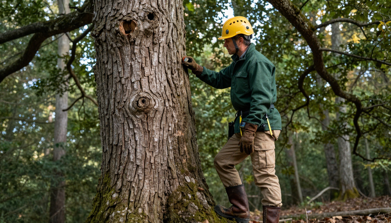 Professional tree removal crew cutting down a large tree in Lutz, FL