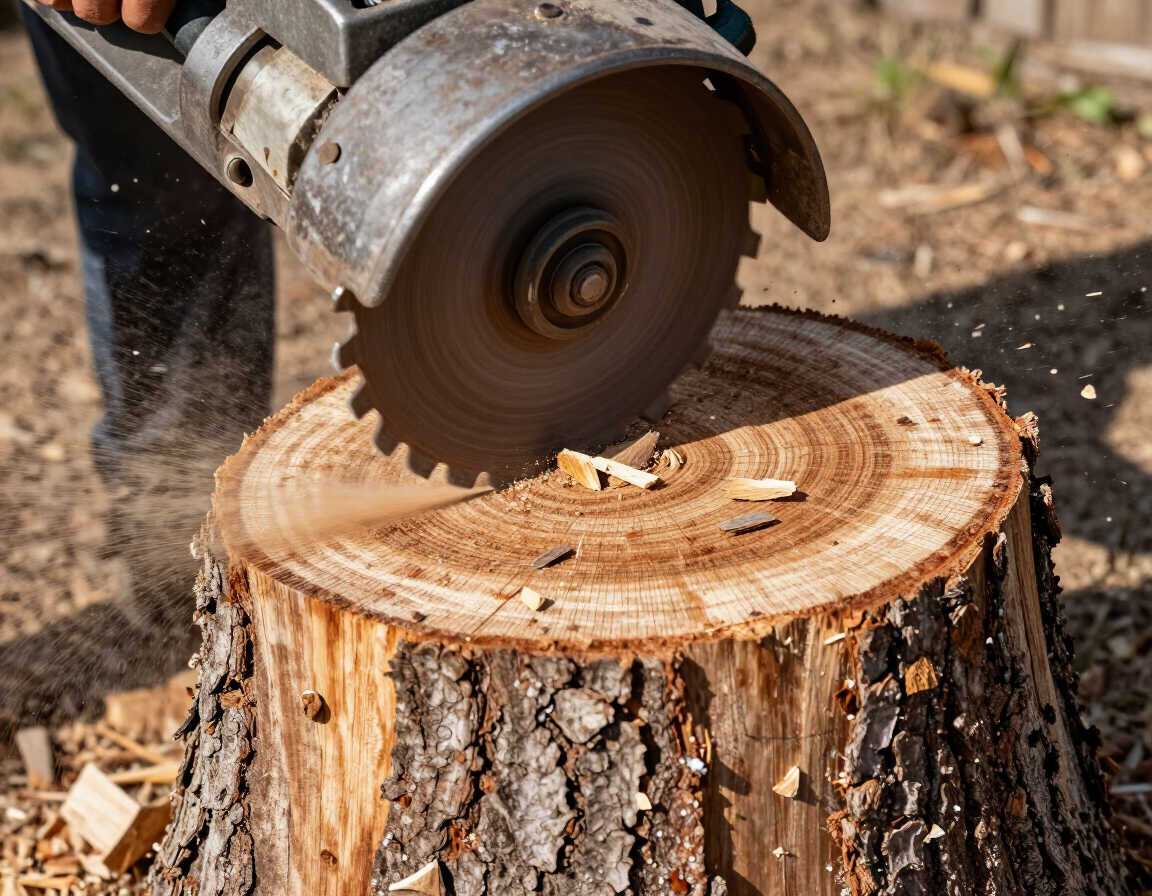Close-up of a stump grinder cutting wheel grinding a large oak stump in Lutz, FL