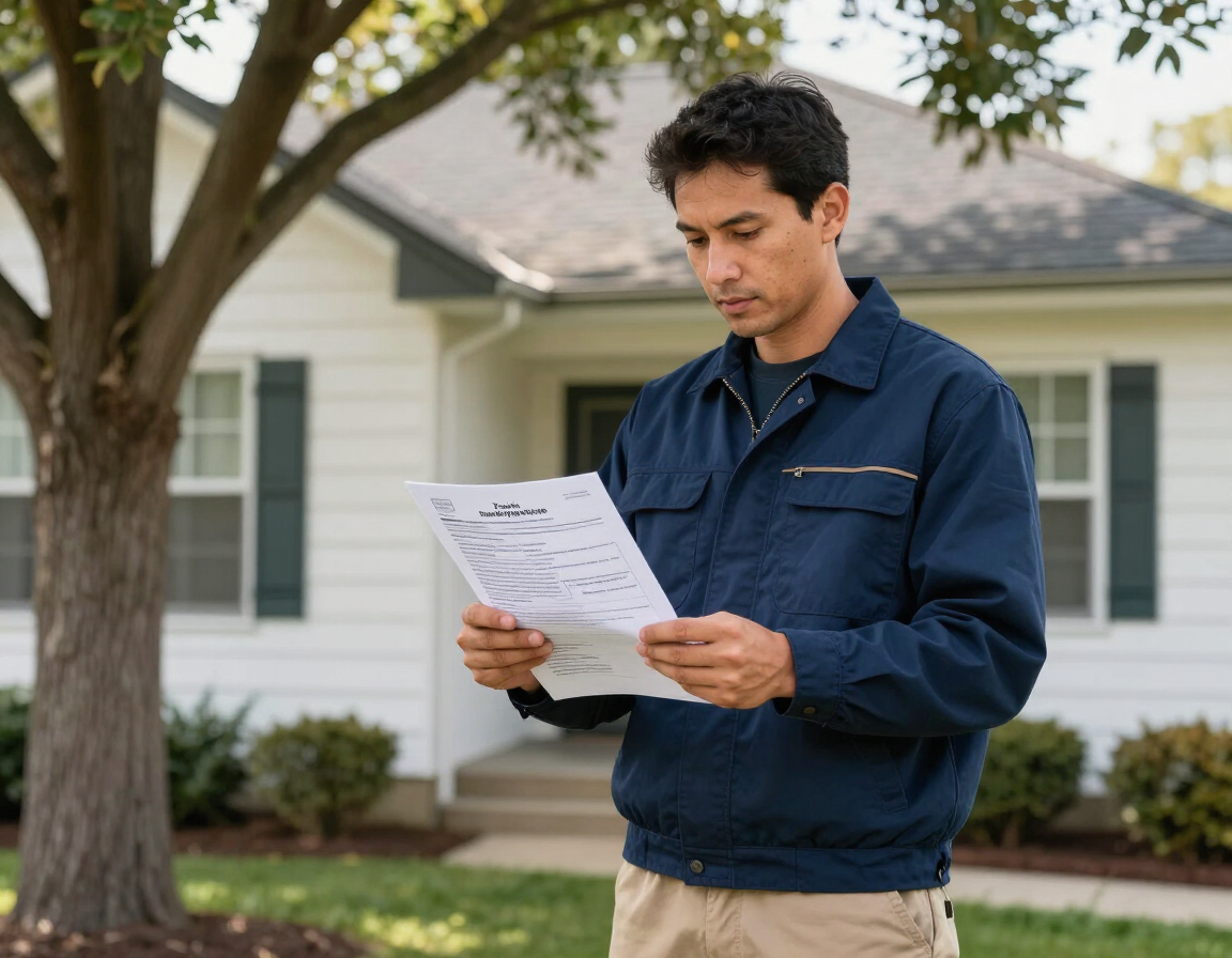 Dave's Pro Tree Service reviewing tree removal permit documents at a Hillsborough County home