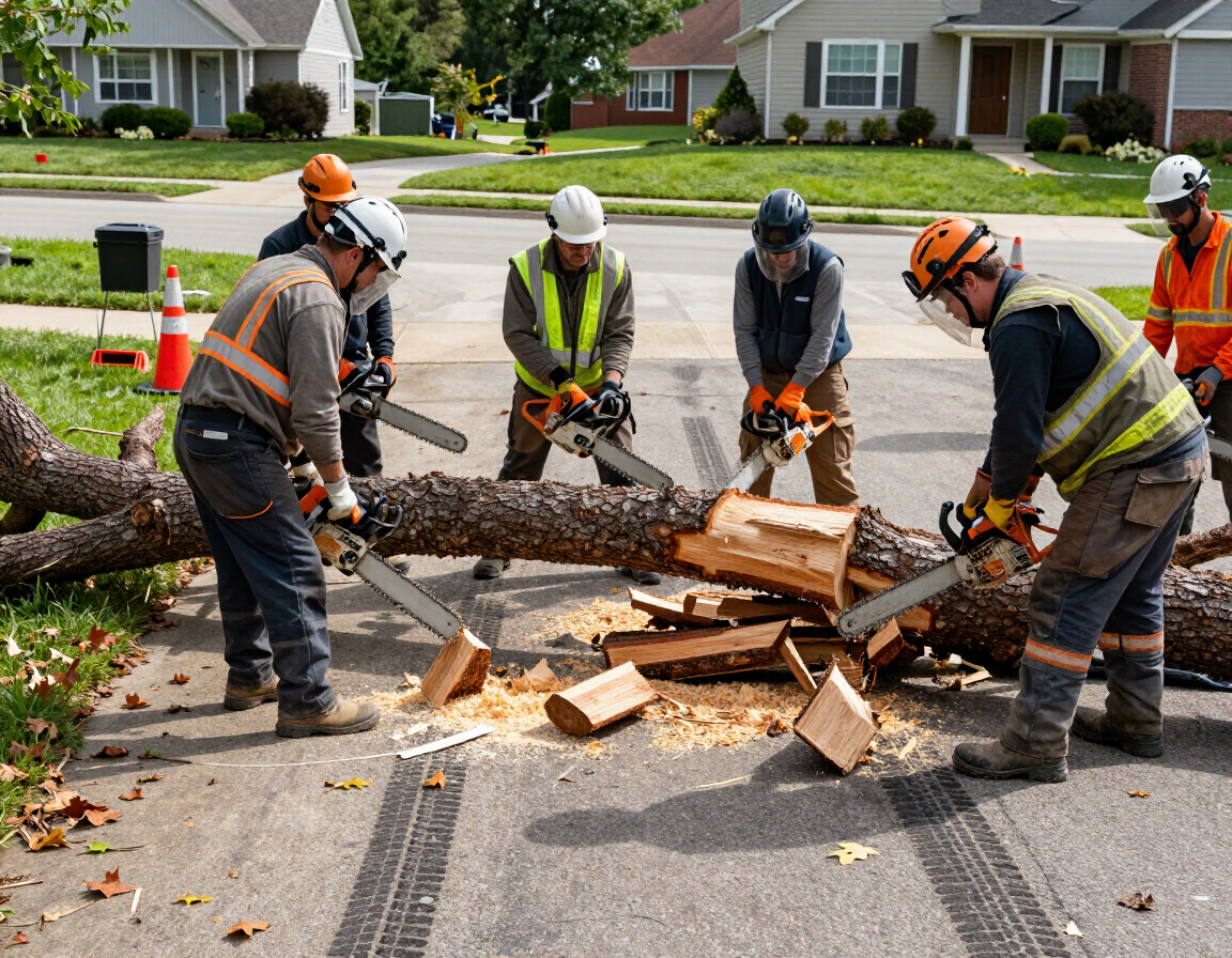 Emergency crew cutting up a storm-fallen oak limb in a Tampa Bay driveway