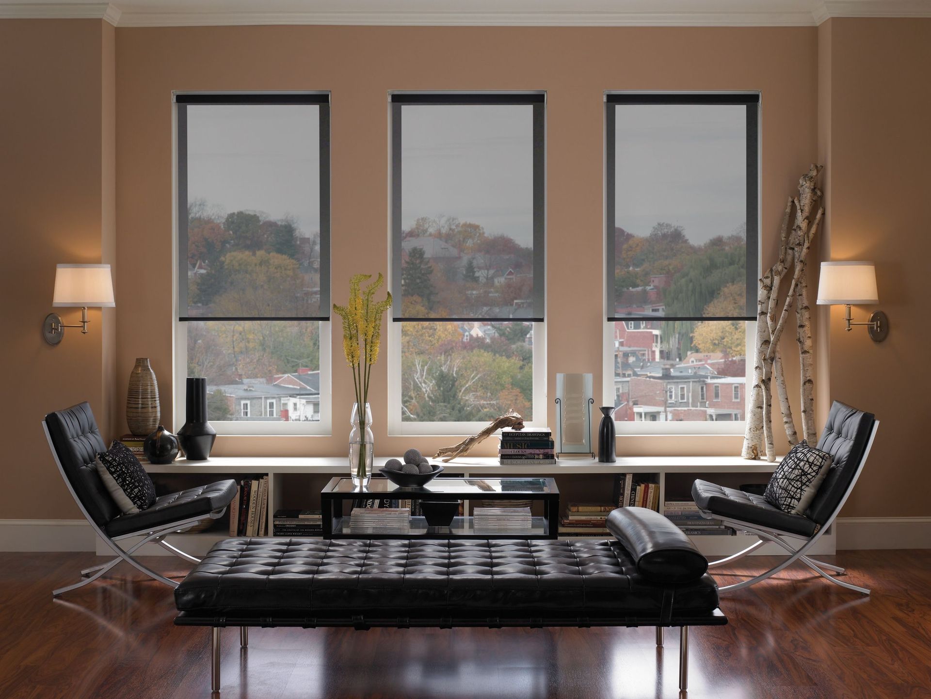 Living room with three windows, black shades, and dark furniture.