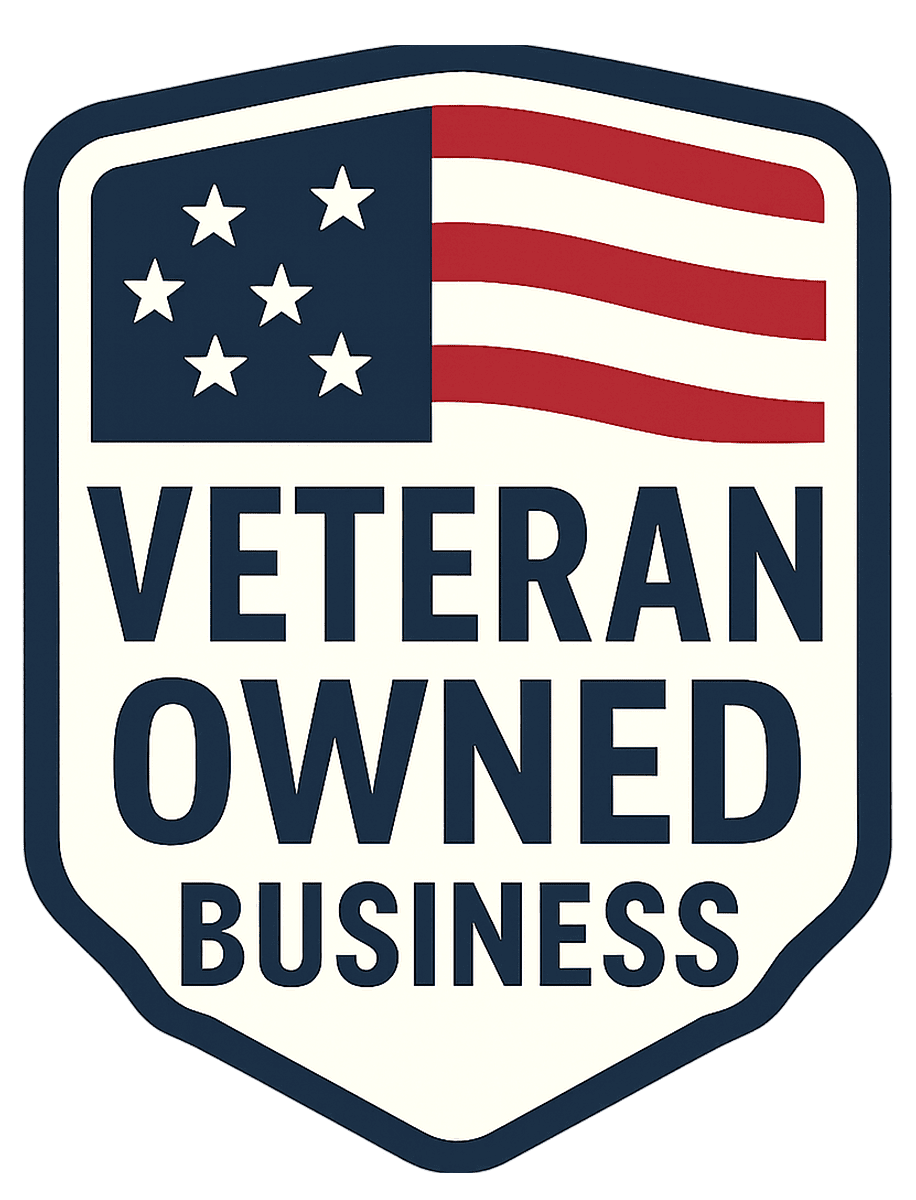 Shield-shaped logo with an American flag and text 